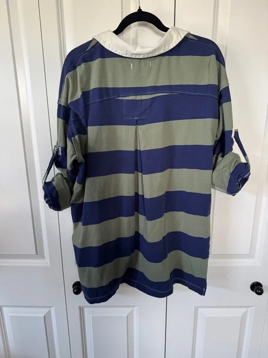 We The Free Olive Green and Navy Blue Striped Rugby Polo - Picture 9 of 10